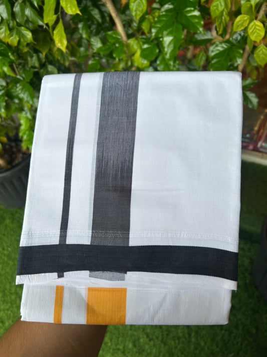 20% Discount!!! KaithariKada Balaramapuram Double PURE WHITE  RAINBOW  Mundu/Dhoti - 100X80 - 1.5 inch Black & Orange Yellow shaded Striped Designer Kara - 19KK5220 THI