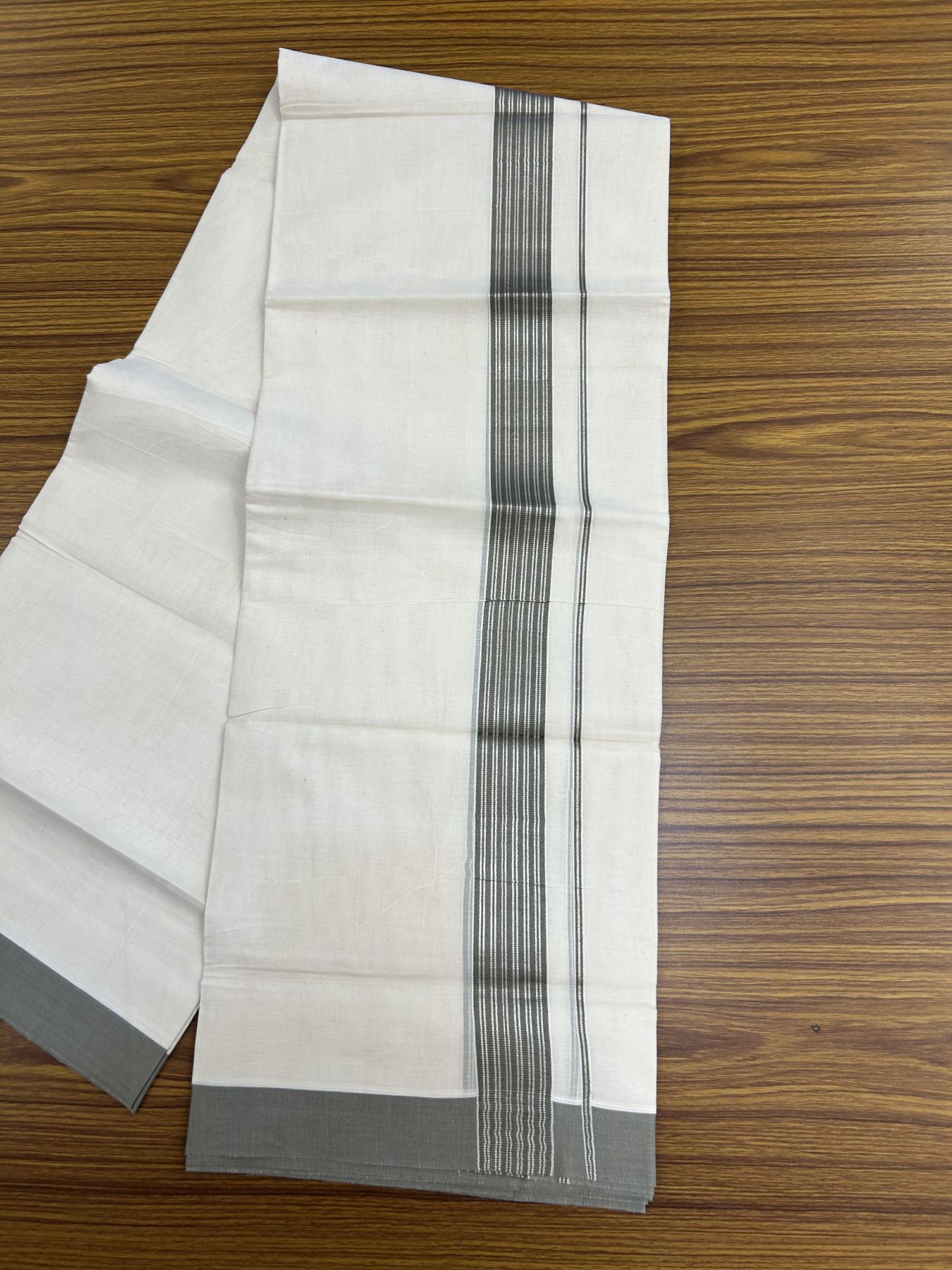 20% Discount! KaithariKada Balaramapuram 100% Cotton Off white Double Mundu/Dhoti - 80s - 1.75 inch Silver Kasav & Ash Grey Striped Kara - 4mtr (8.5muzham) - 17 KK5357 VAS