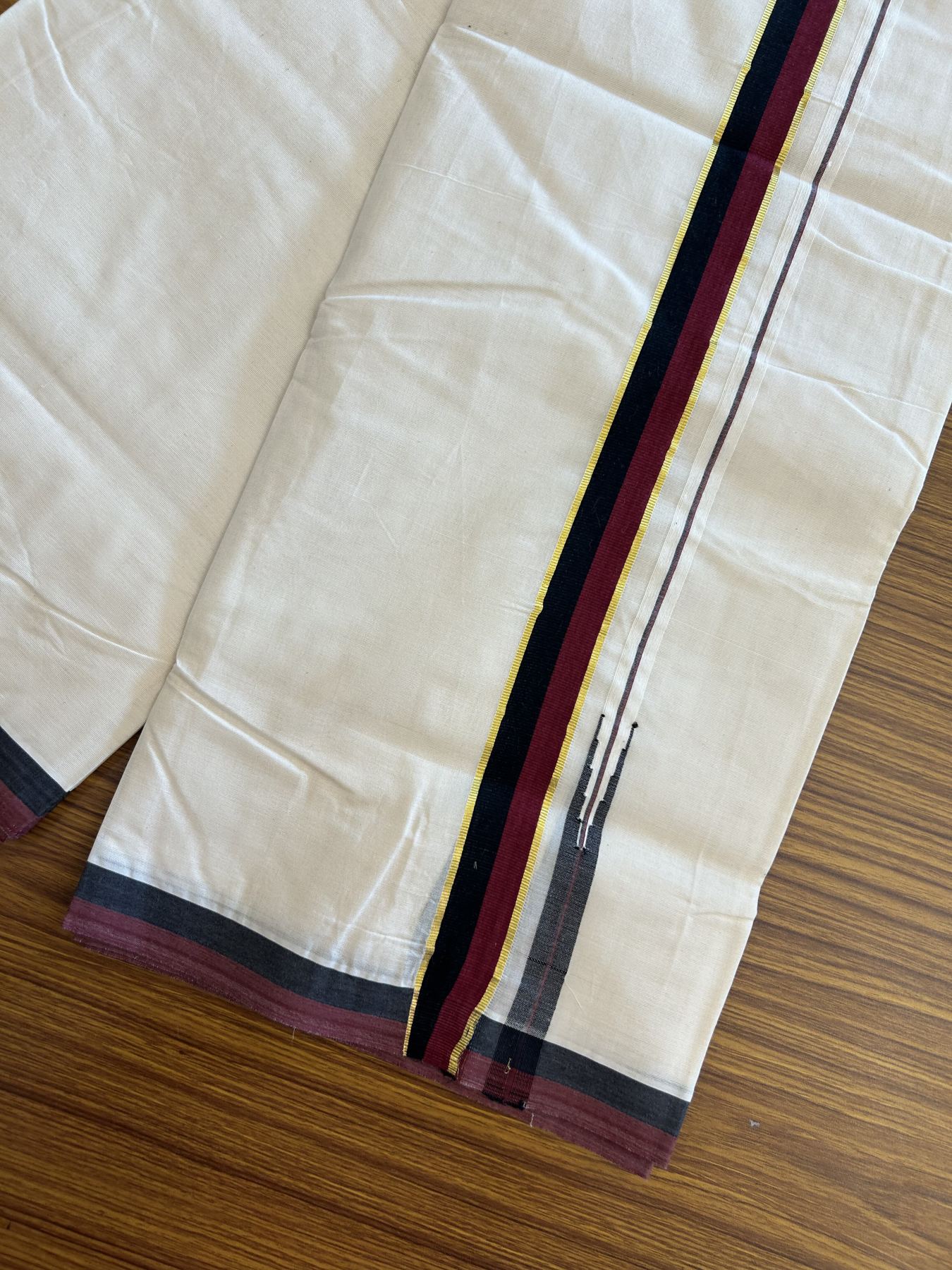 Dmk Veshti - 20% Discount !! KaithariKada Balaramapuram Double Off White - (Unbleached) Mundu/Dhoti - 100X100 - 1 inch Puliyilakkara Kasav Maroon & Black Chutty Kara 4 meters (8.5 Muzham) -  1 KK5330 ASH