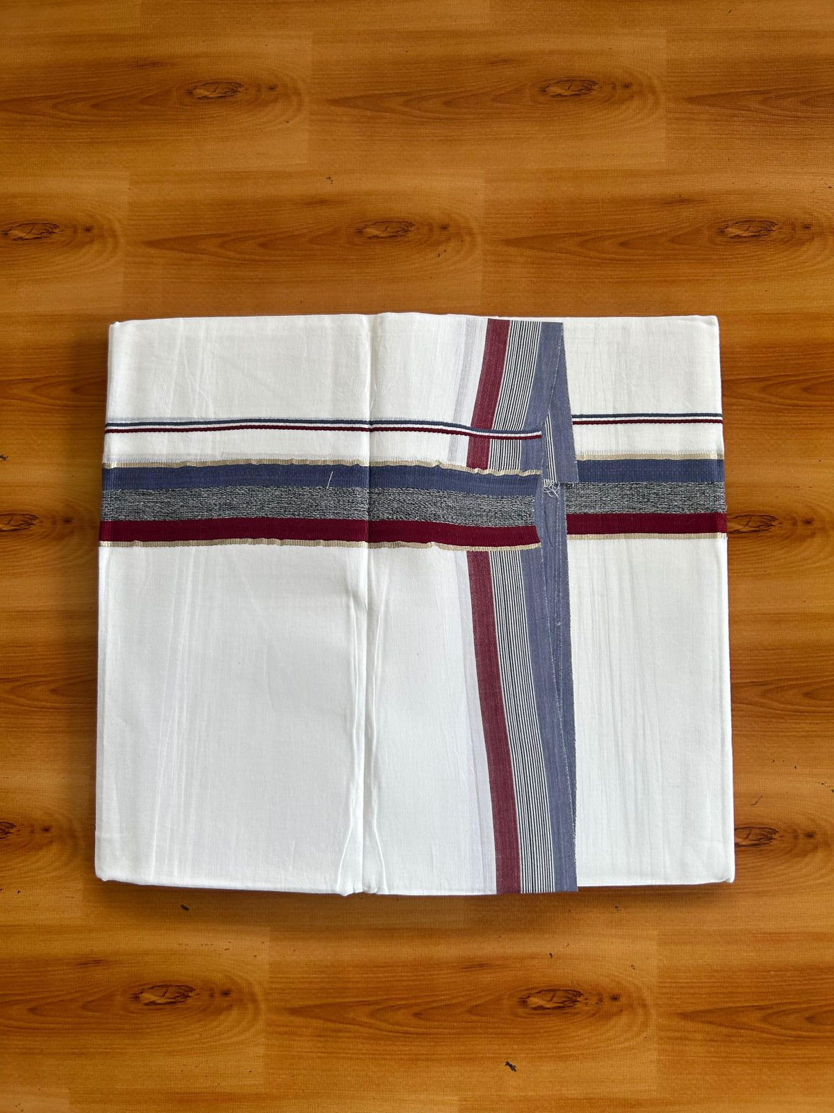 Pure white Double Mundu/Dhoti - 20% Discount !! KaithariKada Pulimood 100% Cotton - 100x80 - 1.5 inch Blue, Black & Maroon Silver Kasav Shaded Kara 3.85 mtr (8 muzham) - 3 KK5552 VIN