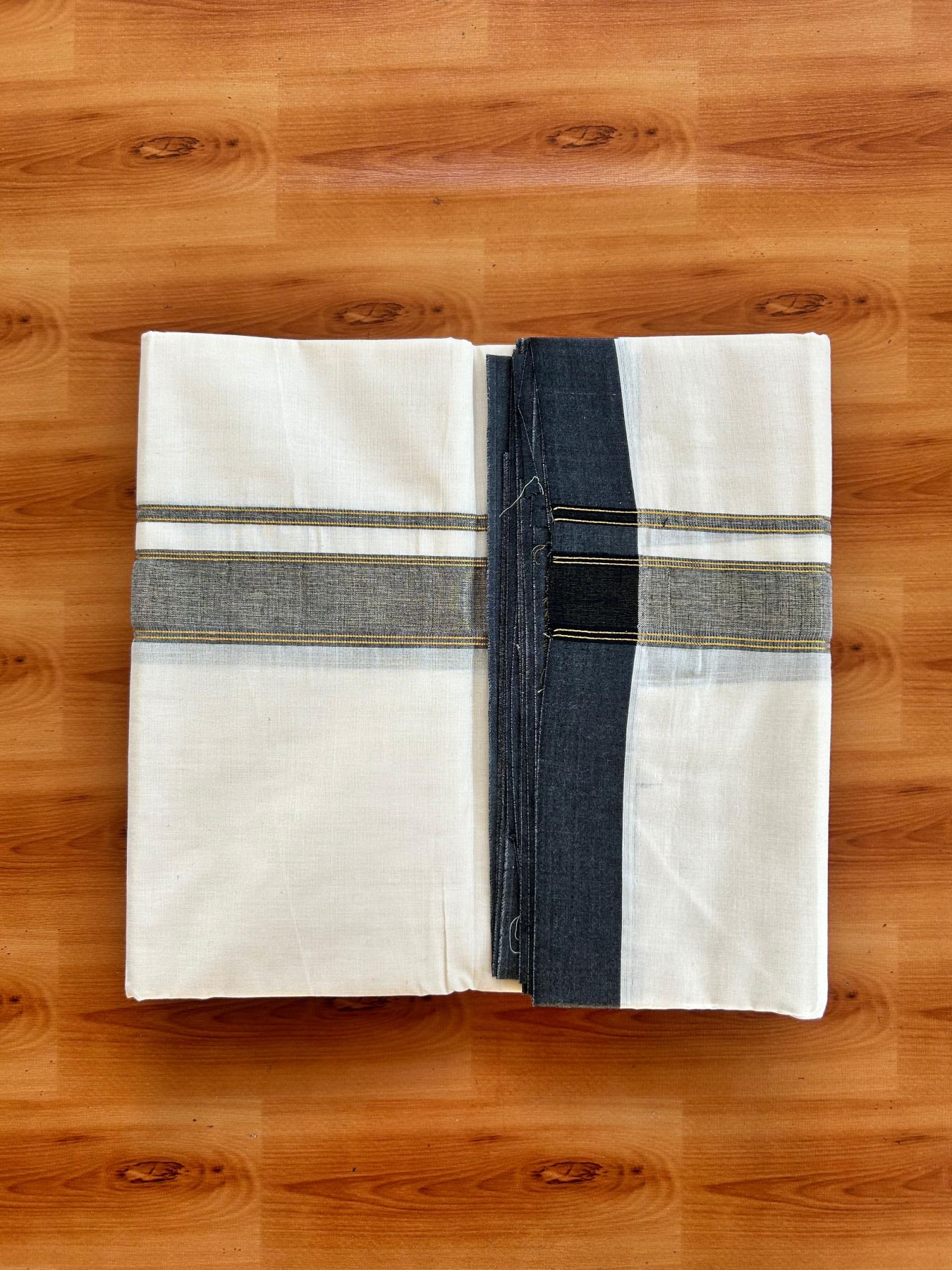 Double Off White (Unbleached) Mundu/Dhoti - 20% Discount! Kaitharikada Pure Cotton - 80x80 - 1.25 Inch Black & Gold Kasav shaded Kara 4 mtr (8.5 muzham) - 25 KK5497 MRH