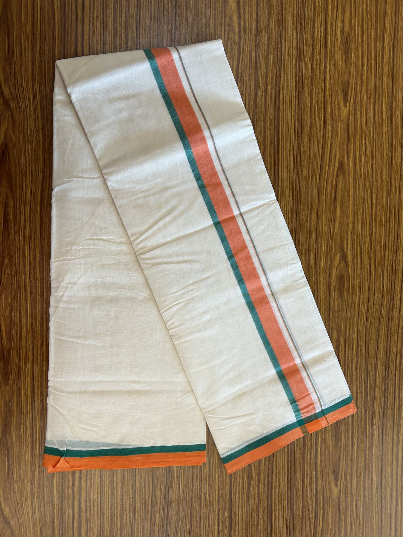 Bjp Veshti - 20% Discount! KaithariKada 100% Cotton Off White Double - (Unbleached) Mundu/Dhoti - 100X100 - 1.5 inch Orange & Green Shaded Kara 3.80 m (8 muzham)- 5 KK5330 ASH
