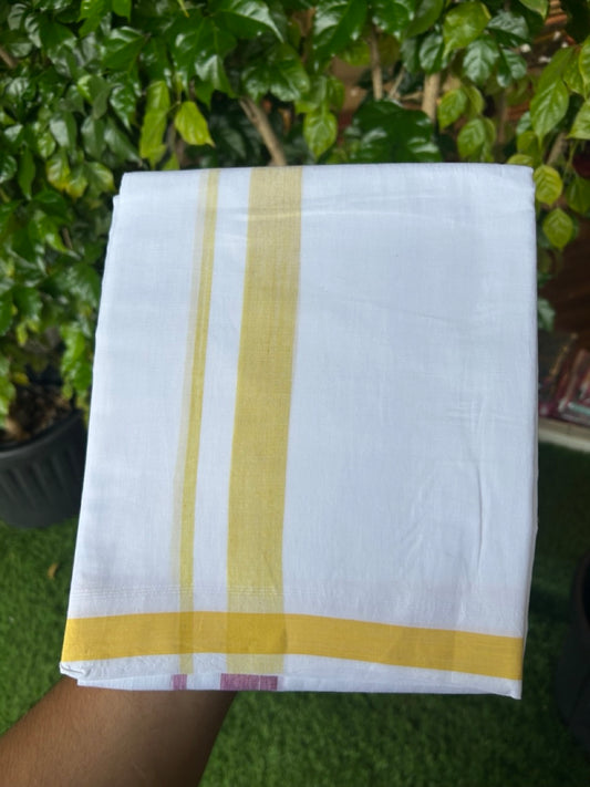 20% Discount!!! KaithariKada Balaramapuram Double PURE WHITE  RAINBOW  Mundu/Dhoti - 100X80 - 1 inch Light Yellow & Wine shaded Striped Designer Kara - 17KK5220 THI
