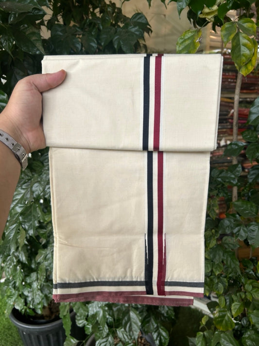 ADMK VESHTI - 20% DISCOUNT! KaithariKada 100% Cotton off white Double - (Unbleached) Mundu/Dhoti - 100X100 - 1.25 inch Black White & Maroon Wings Chutty kara  -  7 KK5290ASH