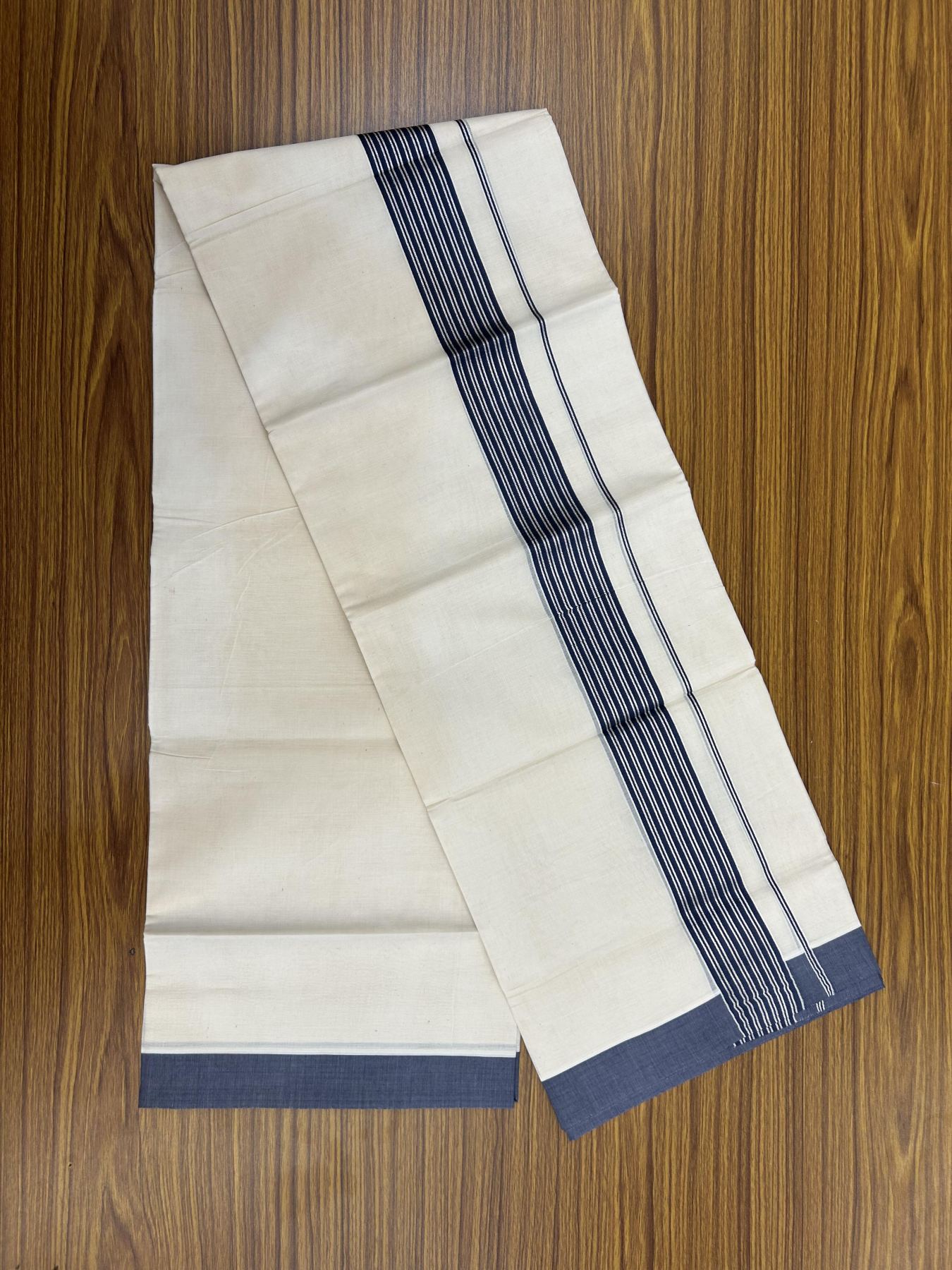 20% Discount! KaithariKada Balaramapuram 100% Cotton Off white Double Mundu/Dhoti - 80s - 1.75 inch Silver Kasav & Blue Striped Kara - 4mtr (8.5muzham) - 18 KK5357 VAS