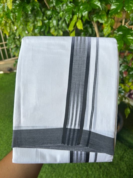 20% Discount!!! KaithariKada Balaramapuram  Double PURE WHITE RAINBOW  Mundu/Dhoti - 100X80 - 1.25 inch Black Striped Designer Kara - 15KK5220 THI