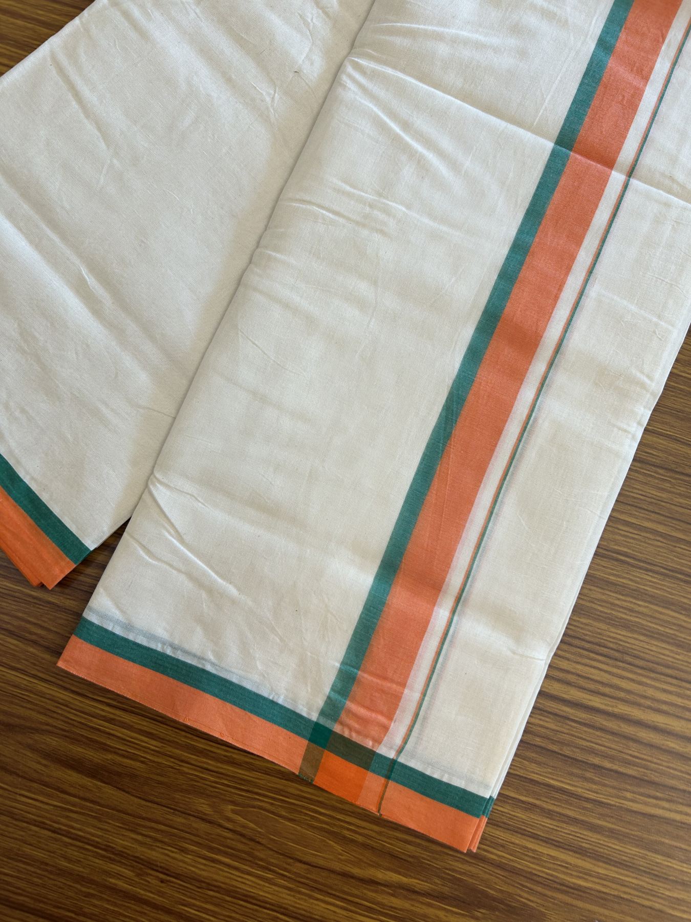 Bjp Veshti - 20% Discount! KaithariKada 100% Cotton Off White Double - (Unbleached) Mundu/Dhoti - 100X100 - 1.5 inch Orange & Green Shaded Kara 3.80 m (8 muzham)- 5 KK5330 ASH