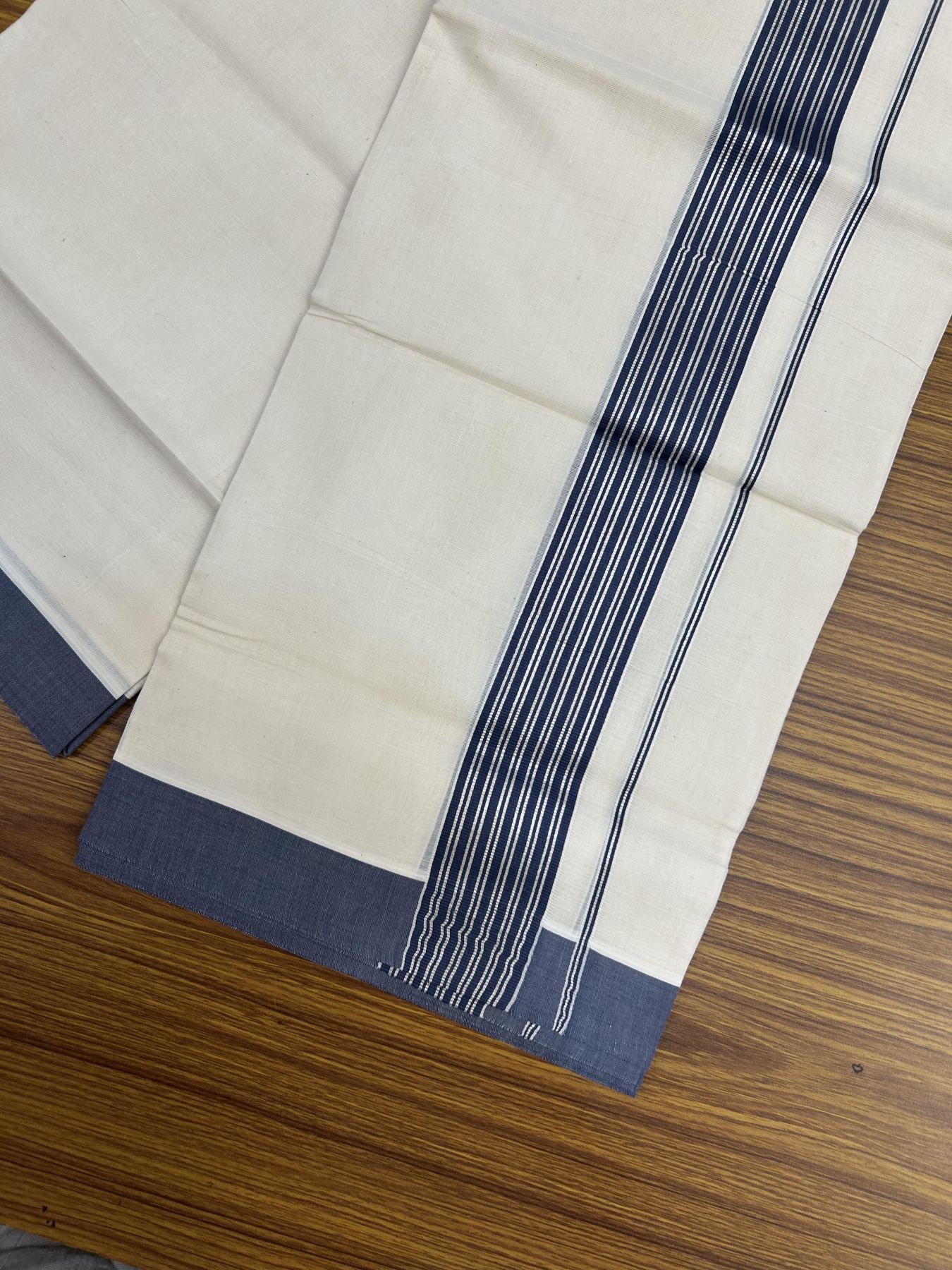 20% Discount! KaithariKada Balaramapuram 100% Cotton Off white Double Mundu/Dhoti - 80s - 1.75 inch Silver Kasav & Blue Striped Kara - 4mtr (8.5muzham) - 18 KK5357 VAS