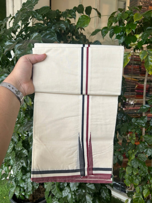 ADMK VESHTI - 20% DISCOUNT! KaithariKada 100% Cotton off white Double - (Unbleached) Mundu/Dhoti - 100X100 - 1.25 inch Black White & Maroon Striped Wings Chutty kara 4 meter (8.5 Muzham) - 8 KK5290 ASH