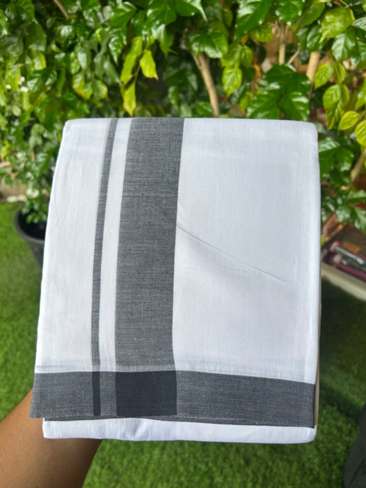 20% Discount!!! KaithariKada Balaramapuram  Double PURE WHITE  RAINBOW  Mundu/Dhoti - 100X80 - 1.75 inch Navy Blue & Light Blue Striped Designer Kara - 13KK5220 THI