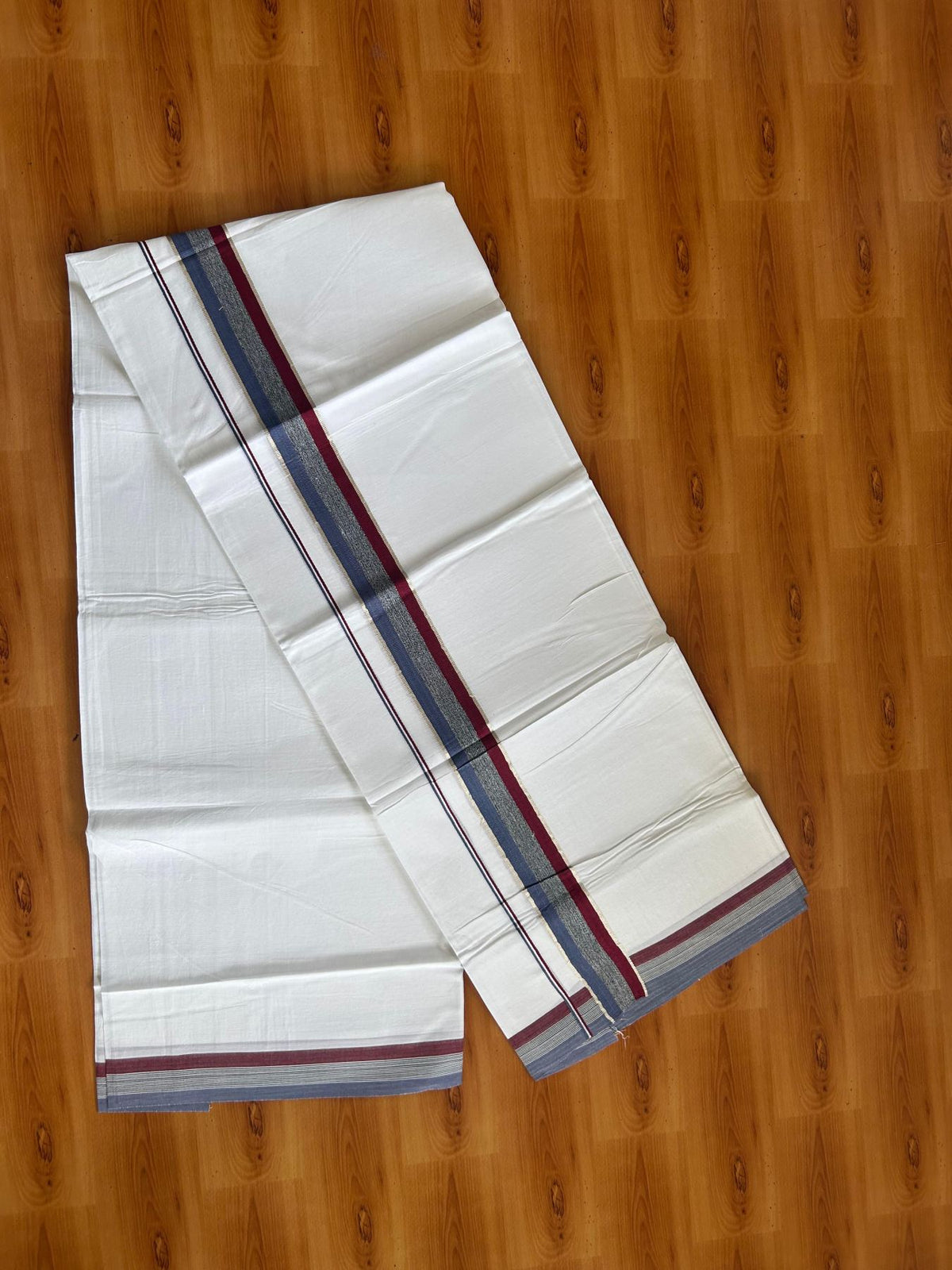 Pure white Double Mundu/Dhoti - 20% Discount !! KaithariKada Pulimood 100% Cotton - 100x80 - 1.5 inch Blue, Black & Maroon Silver Kasav Shaded Kara 3.85 mtr (8 muzham) - 3 KK5552 VIN
