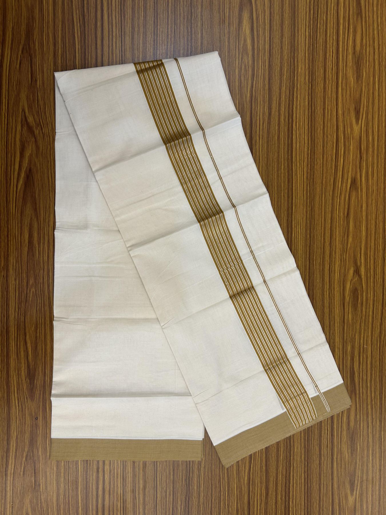 20% Discount! KaithariKada Balaramapuram 100% Cotton Off white Double Mundu/Dhoti - 80s - 1.75 inch Silver Kasav & Dark Mustard Striped Kara - 4mtr (8.5muzham) - 19 KK5357 VAS
