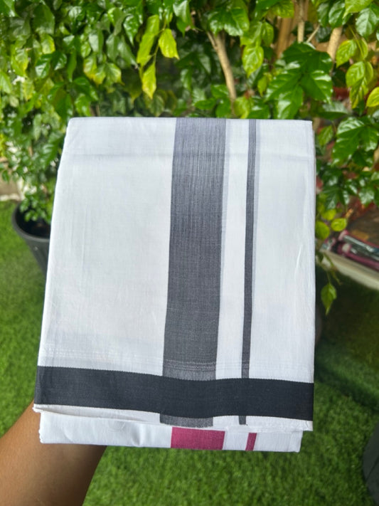 20% Discount!!! KaithariKada Balaramapuram  Double PURE WHITE  RAINBOW  Mundu/Dhoti - 100X80 - 1.75 inch Navy Blue & Berry Striped Designer Kara - 12KK5220 THI