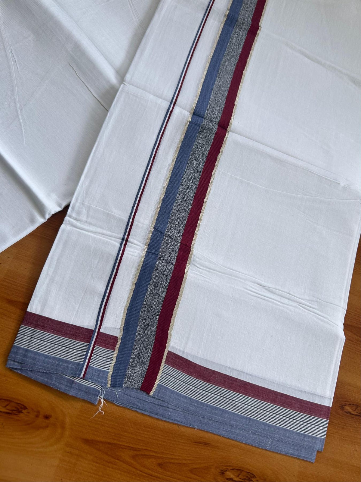 Pure white Double Mundu/Dhoti - 20% Discount !! KaithariKada Pulimood 100% Cotton - 100x80 - 1.5 inch Blue, Black & Maroon Silver Kasav Shaded Kara 3.85 mtr (8 muzham) - 3 KK5552 VIN