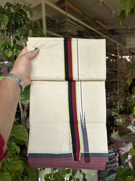 Dmk Veshti - 20% Discount !! KaithariKada Balaramapuram Double Off White - (Unbleached) Mundu/Dhoti - 100X100 - 1 inch Puliyilakkara Kasav Maroon & Black Chutty Kara 4 meters (8.5 Muzham) -  1 KK5330 ASH