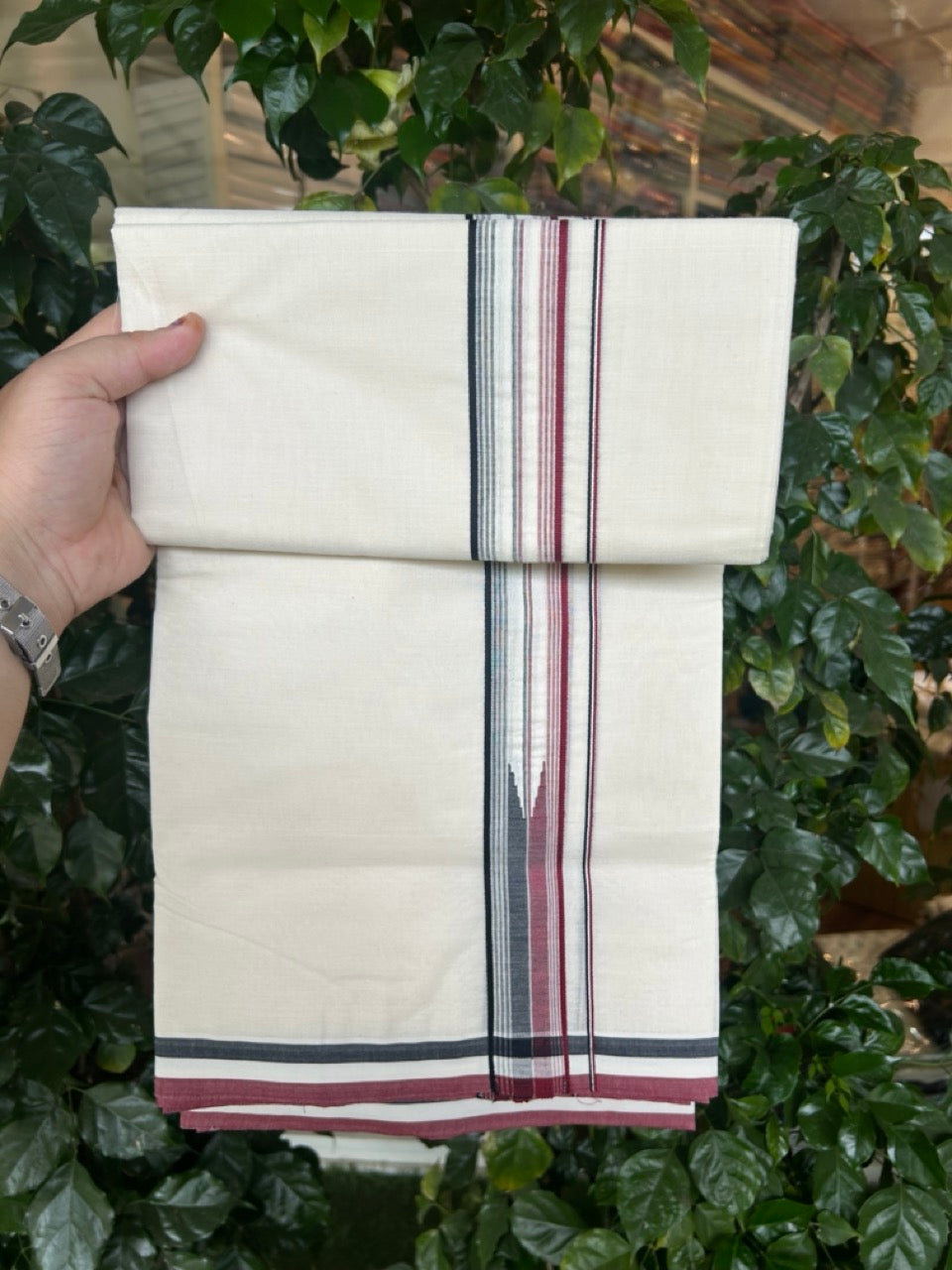 ADMK VESHTI 20% Discount !! KaithariKada Balaramapuram Double Off white - (Unbleached) Mundu/Dhoti - 100X100 - 1.5 inch Puliyilakkara Maroon & Black Striped Chutty Kara - Big Size Dhoti - 1 KK5290 ASH