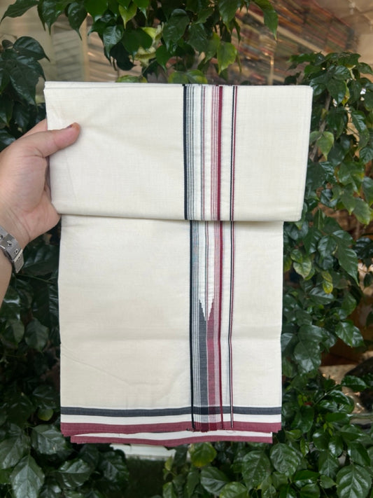 ADMK VESHTI 20% Discount !! KaithariKada Balaramapuram Double Off white - (Unbleached) Mundu/Dhoti - 100X100 - 1.5 inch Puliyilakkara Maroon & Black Striped Chutty Kara - Big Size Dhoti - 1 KK5290 ASH