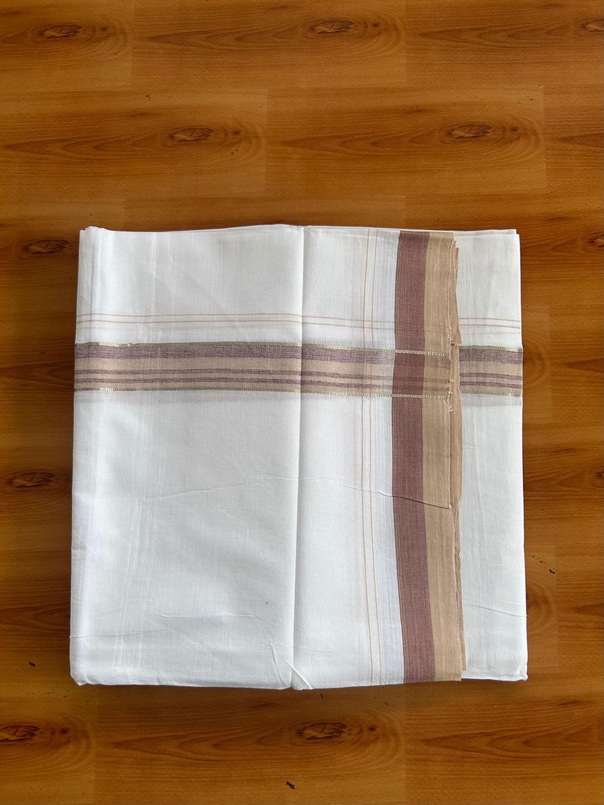 Pure white Double Mundu/Dhoti - 20% Discount !! KaithariKada Pulimood 100% Cotton - 100x80 - 1 inch Brown & Light Brown Silver Kasav Shaded Striped Kara 3.85 mtr (8 muzham) - 4 KK5552 VIN