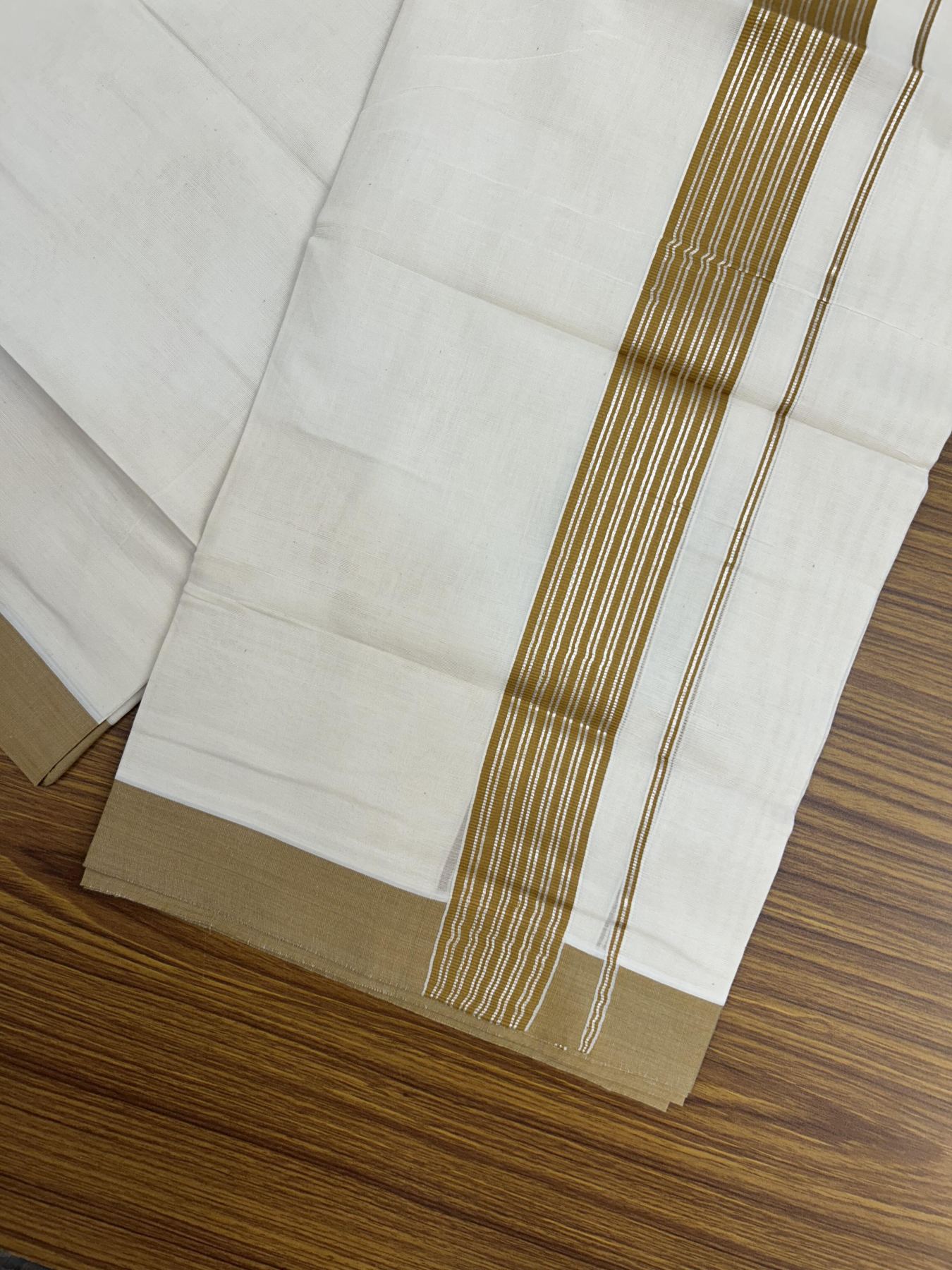 20% Discount! KaithariKada Balaramapuram 100% Cotton Off white Double Mundu/Dhoti - 80s - 1.75 inch Silver Kasav & Dark Mustard Striped Kara - 4mtr (8.5muzham) - 19 KK5357 VAS