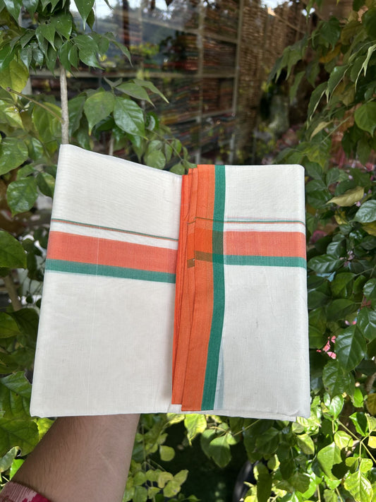 Bjp Veshti - 20% Discount! KaithariKada 100% Cotton Off White Double - (Unbleached) Mundu/Dhoti - 100X100 - 1.5 inch Orange & Green Shaded Kara 3.80 m (8 muzham)- 5 KK5330 ASH