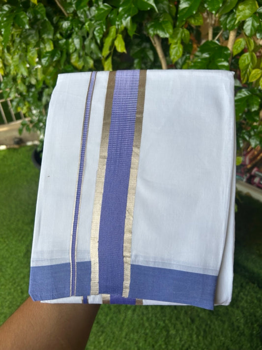 20% Discount!!! KaithariKada Balaramapuram Double PURE WHITE  RAINBOW  Mundu/Dhoti - 100X80 - 1.75 inch Silver Kasavu Violet Blue shaded Striped Designer Kara - 27KK5220 THI