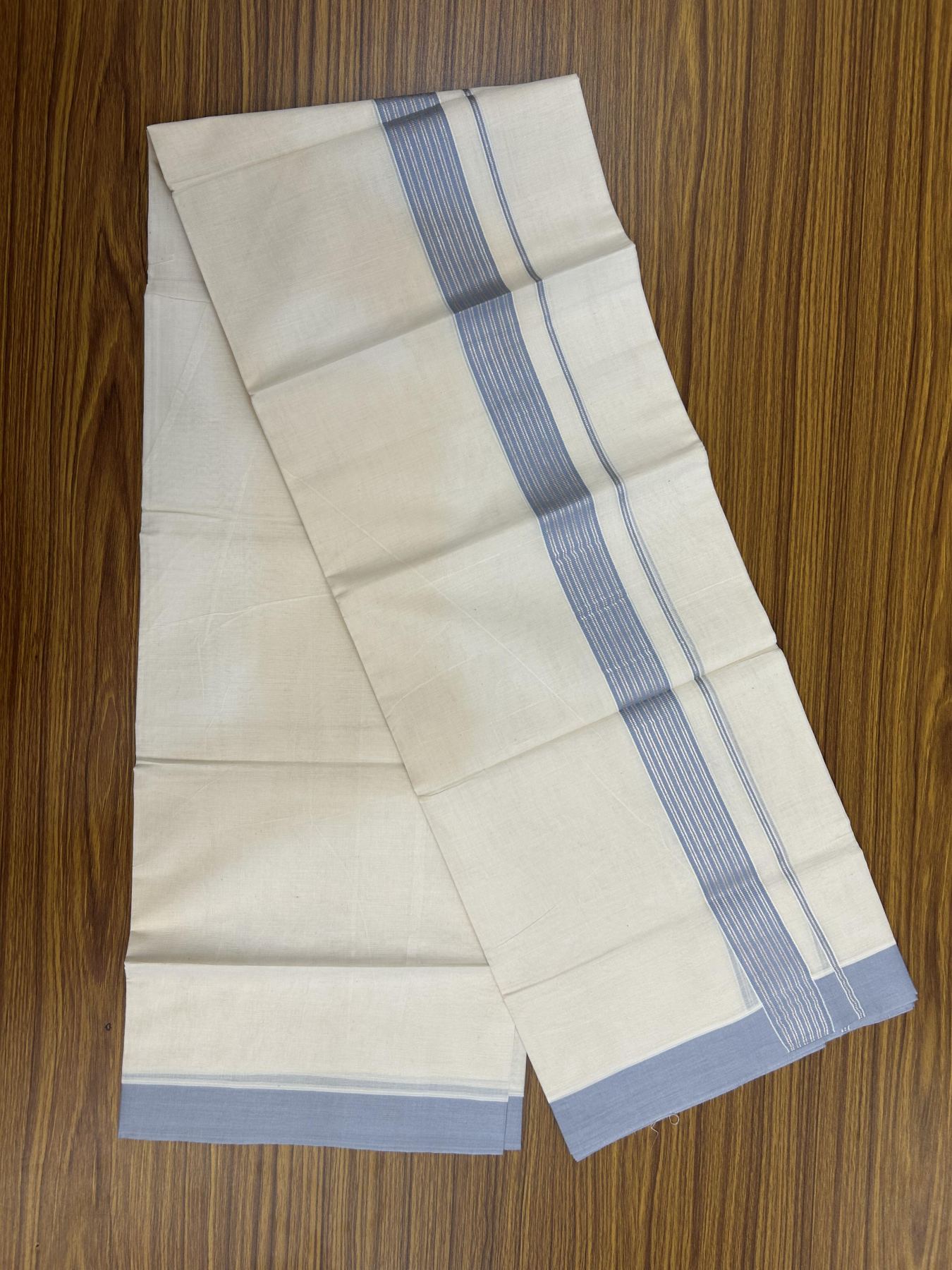 20% Discount! KaithariKada Balaramapuram 100% Cotton Off white Double Mundu/Dhoti - 80s - 1.75 inch Silver Kasav & Blue Grey Striped Kara - 4mtr (8.5muzham) - 20 KK5357 VAS