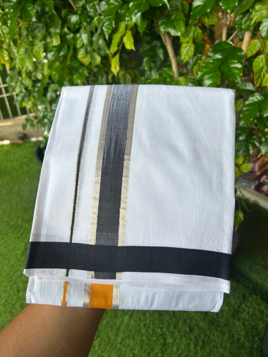 20% Discount!!! KaithariKada Balaramapuram Double PURE WHITE RAINBOW Mundu/Dhoti - 100X80 - 1.5 inch Silver Kasavu Orange Yellow & Black shaded Striped Designer Kara - 26KK5220 THI