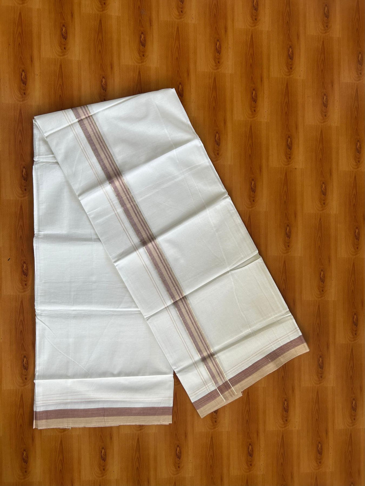 Pure white Double Mundu/Dhoti - 20% Discount !! KaithariKada Pulimood 100% Cotton - 100x80 - 1 inch Brown & Light Brown Silver Kasav Shaded Striped Kara 3.85 mtr (8 muzham) - 4 KK5552 VIN