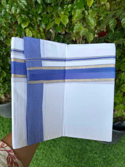 30% Discount!!! KaithariKada Balaramapuram  Double PURE WHITE Mundu/Dhoti - 100X80 - 1.5 inch Blue Silver Striped Designer Kara - 11KK5154THI