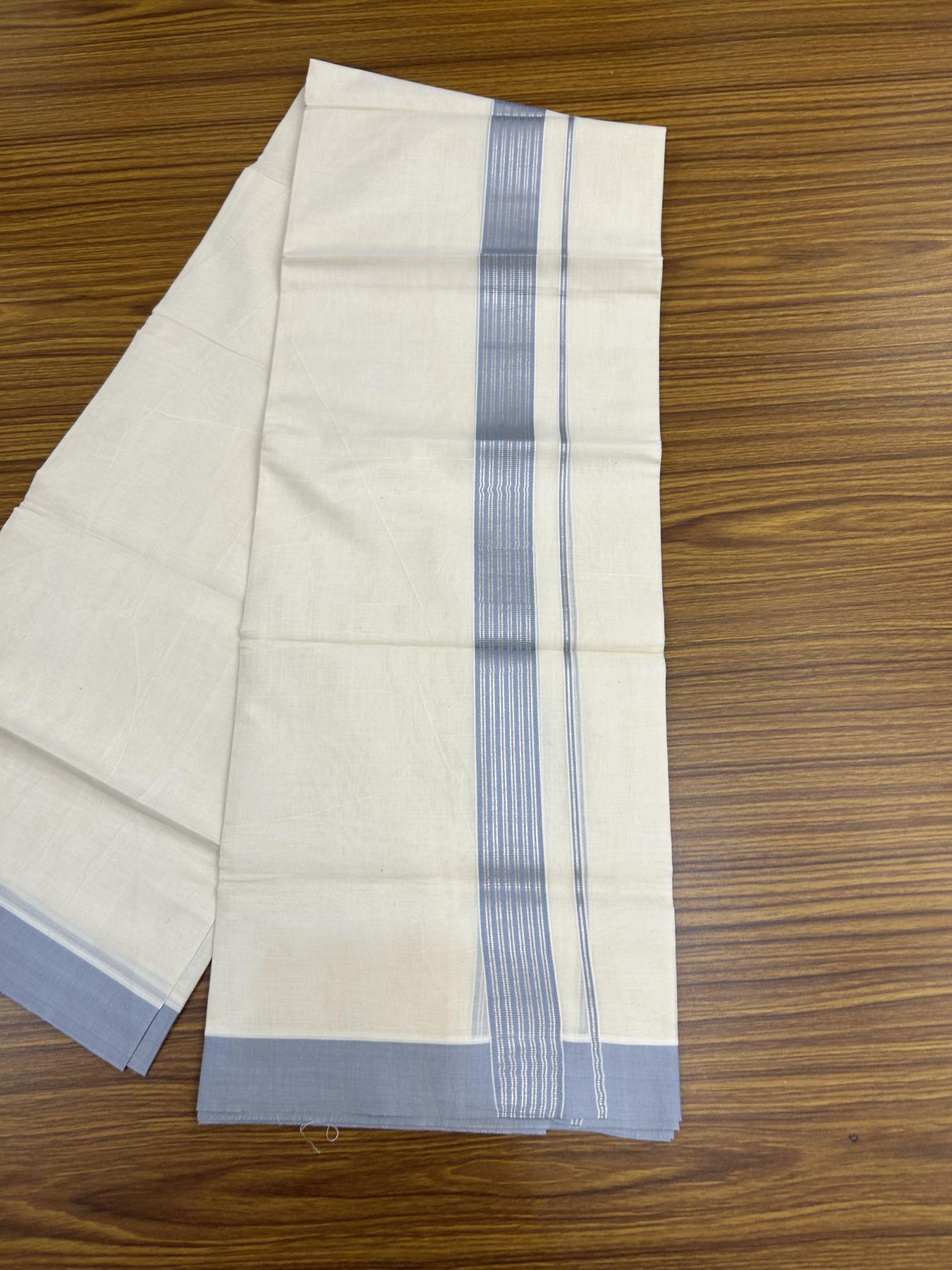 20% Discount! KaithariKada Balaramapuram 100% Cotton Off white Double Mundu/Dhoti - 80s - 1.75 inch Silver Kasav & Blue Grey Striped Kara - 4mtr (8.5muzham) - 20 KK5357 VAS