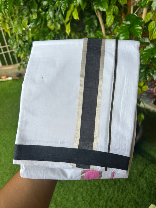 20% Discount!!! KaithariKada Balaramapuram Double PURE WHITE  RAINBOW  Mundu/Dhoti - 100X80 - 1.75 inch Silver Kasavu Pink & Black shaded Striped Designer Kara - 25KK5220 THI