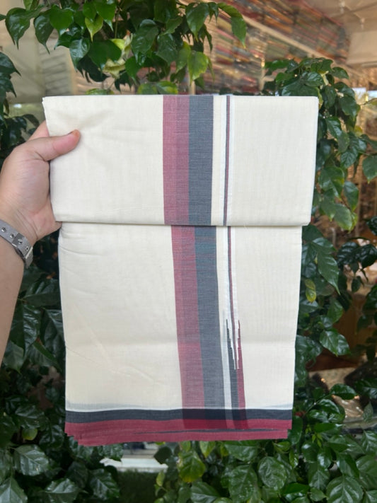 DMK Veshti - 20% DISCOUNT! KaithariKada 100% Cotton off white Double - (Unbleached) Mundu/Dhoti - 100X100 -2 inch Puliyilakkara Black & Maroon Chutty kara - 10 KK5290 ASH