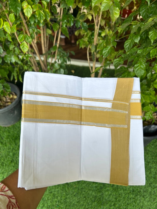 30% Discount!!! KaithariKada Balaramapuram  Double PURE WHITE RAINBOW Mundu/Dhoti - 100X80 - 1.75 inch Dark Mustard Yellow Silver Striped Designer Kara - 7KK5154THI