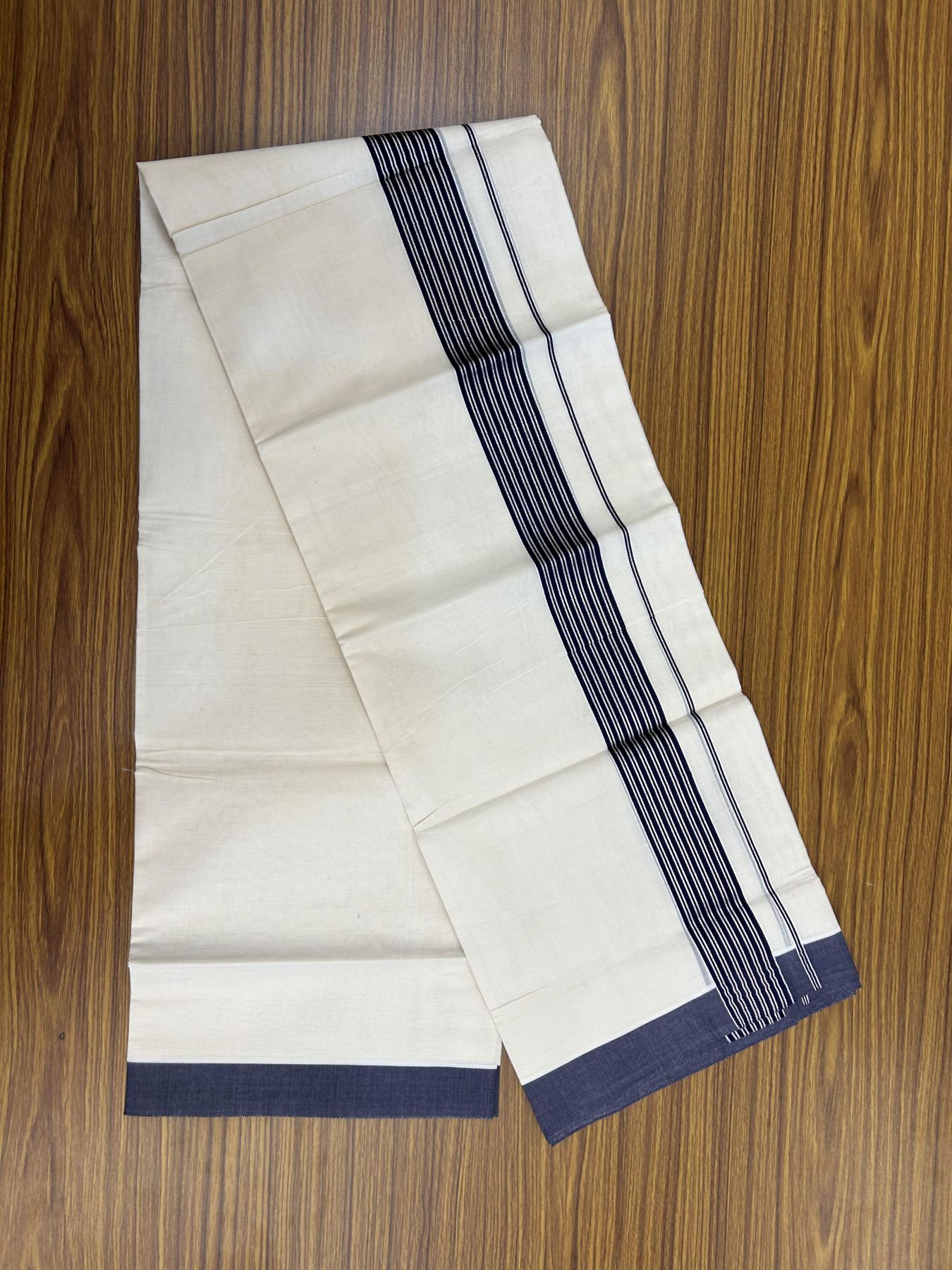 20% Discount! KaithariKada Balaramapuram 100% Cotton Off white Double Mundu/Dhoti - 80s - 1.75 inch Silver Kasav & Navy Blue Striped Kara - 4mtr (8.5muzham) - 21 KK5357 VAS