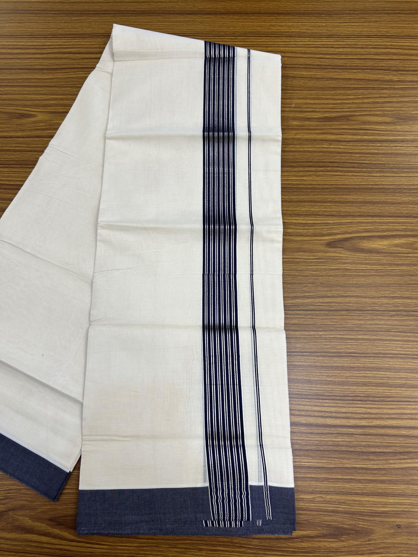 20% Discount! KaithariKada Balaramapuram 100% Cotton Off white Double Mundu/Dhoti - 80s - 1.75 inch Silver Kasav & Navy Blue Striped Kara - 4mtr (8.5muzham) - 21 KK5357 VAS