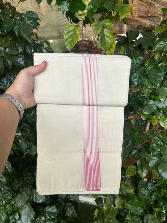 20%OFFER! KaithariKada Balaramapuram 100% Cotton Double OFF WHITE - (Unbleached) Mundu/Dhoti-100x100 - 1.5 inch  12 LINE Puliyilakkara Pink Chutty Kara-  3 KK5290 ASH