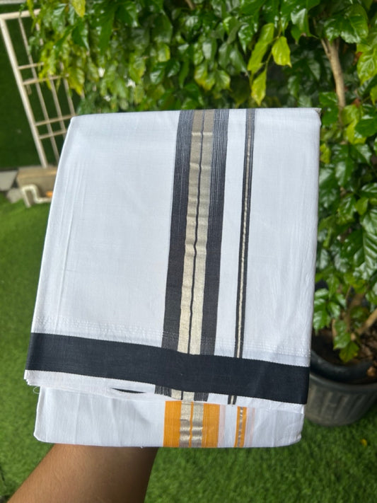 20% Discount!!! KaithariKada Balaramapuram Double PURE WHITE  RAINBOW  Mundu/Dhoti - 100X80 - 1.5 inch Silver Kasavu Orange & Black shaded Striped Kara - 31KK5220 THI