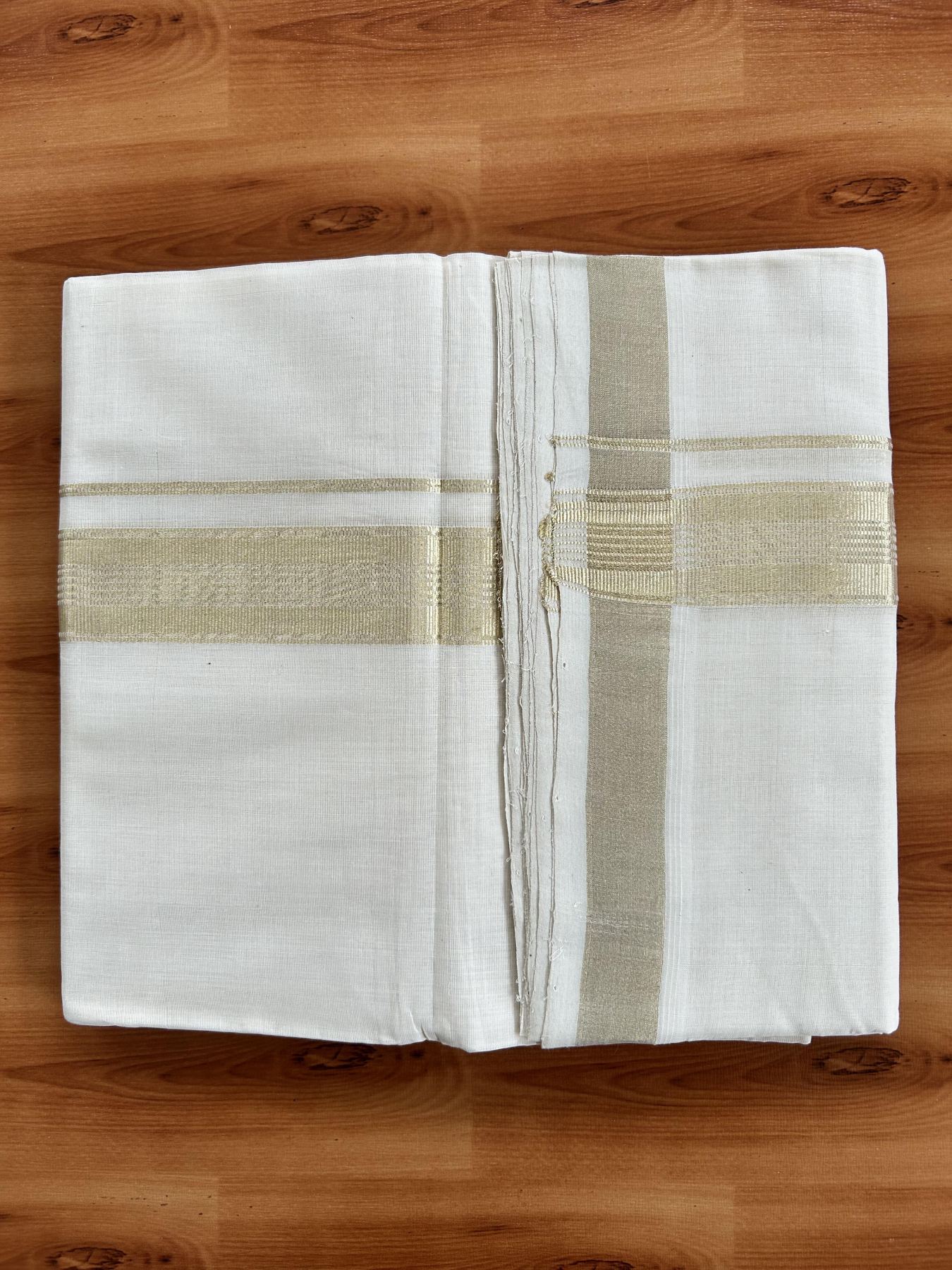 Double Off White (Unbleached) Mundu/Dhoti - 25% Discount!!! KaithariKada Handloom Unakkupaav Kerala Handloom - Pure Cotton 80x90 - 1.5 Inch Light Gold Kasavu Striped kara 4 Mtr (8.5 Muzham) - 2 KK5438 YAR