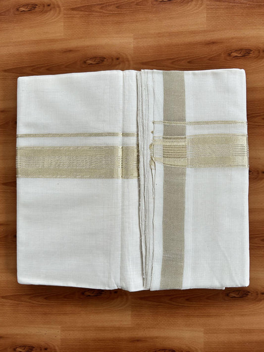 Double Off White (Unbleached) Mundu/Dhoti - 25% Discount!!! KaithariKada Handloom Unakkupaav Kerala Handloom - Pure Cotton 80x90 - 1.5 Inch Light Gold Kasavu Striped kara 4 Mtr (8.5 Muzham) - 2 KK5438 YAR
