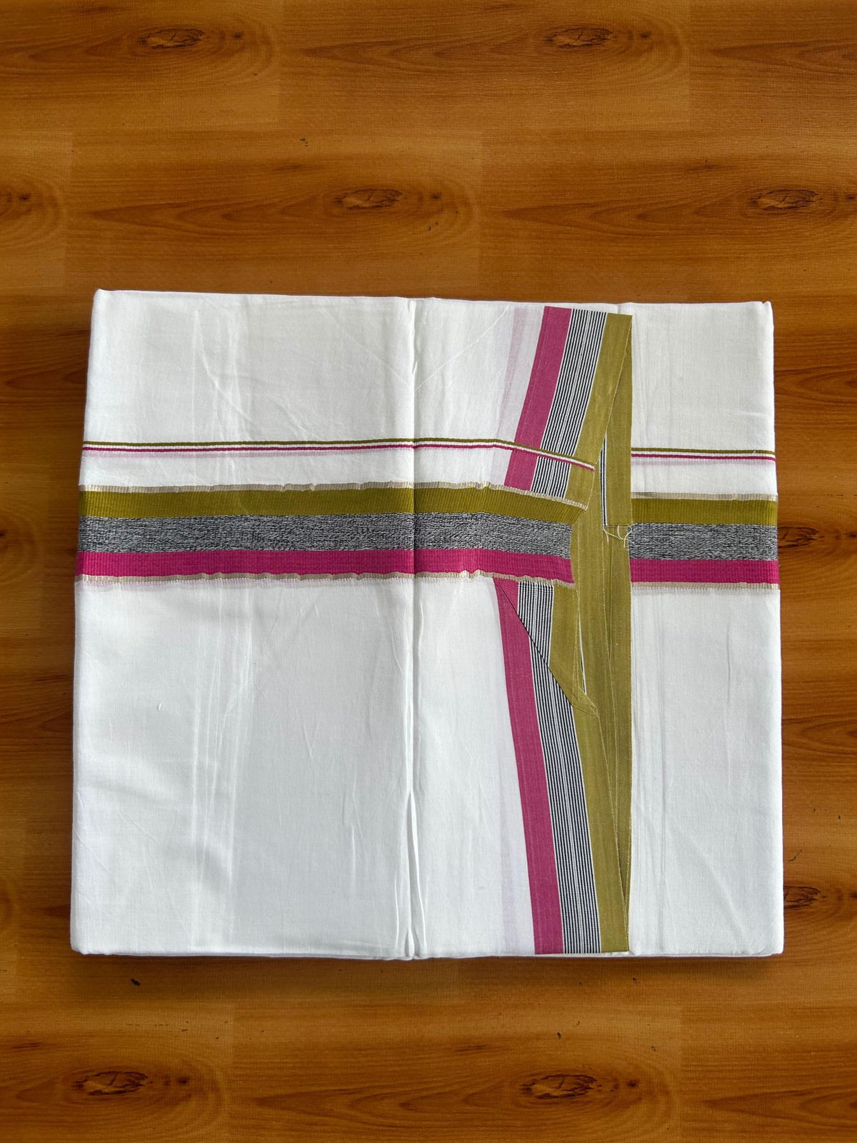 Pure white Double Mundu/Dhoti - 20% Discount !! KaithariKada Pulimood 100% Cotton - 100x80 - 1.5 inch Olive Green, Black & Dark Pink Silver Kasav Shaded Kara 3.85 mtr (8 muzham) - 5 KK5552 VIN