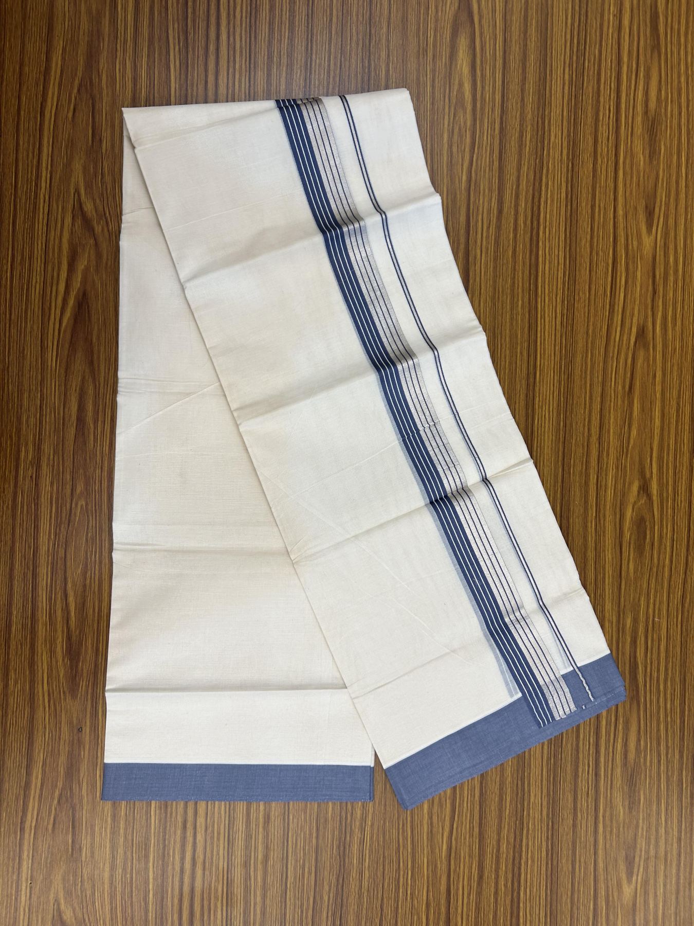 20% Discount! KaithariKada Balaramapuram 100% Cotton Off white Double Mundu/Dhoti - 80s - 1.5 inch Blue Grey & Silver Kasav Striped Kara - 4mtr (8.5muzham) - 1 KK5357 VAS