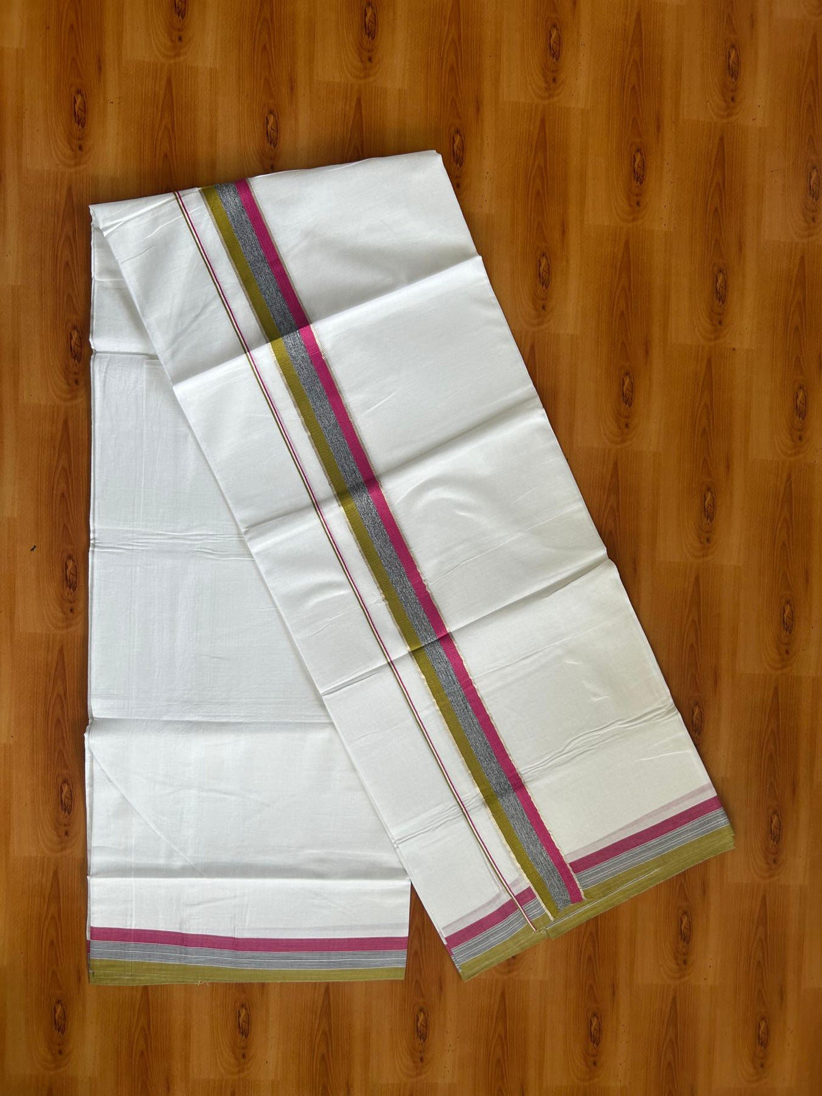 Pure white Double Mundu/Dhoti - 20% Discount !! KaithariKada Pulimood 100% Cotton - 100x80 - 1.5 inch Olive Green, Black & Dark Pink Silver Kasav Shaded Kara 3.85 mtr (8 muzham) - 5 KK5552 VIN