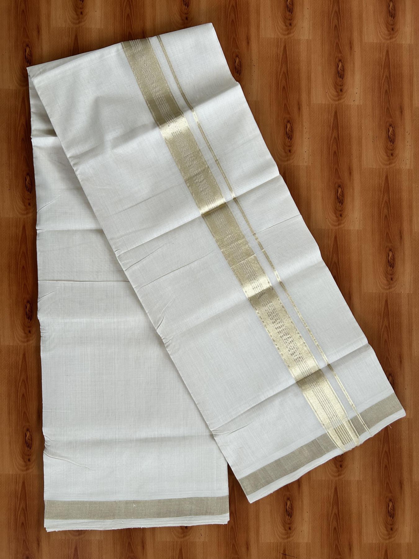 Double Off White (Unbleached) Mundu/Dhoti - 25% Discount!!! KaithariKada Handloom Unakkupaav Kerala Handloom - Pure Cotton 80x90 - 1.5 Inch Light Gold Kasavu Striped kara 4 Mtr (8.5 Muzham) - 2 KK5438 YAR