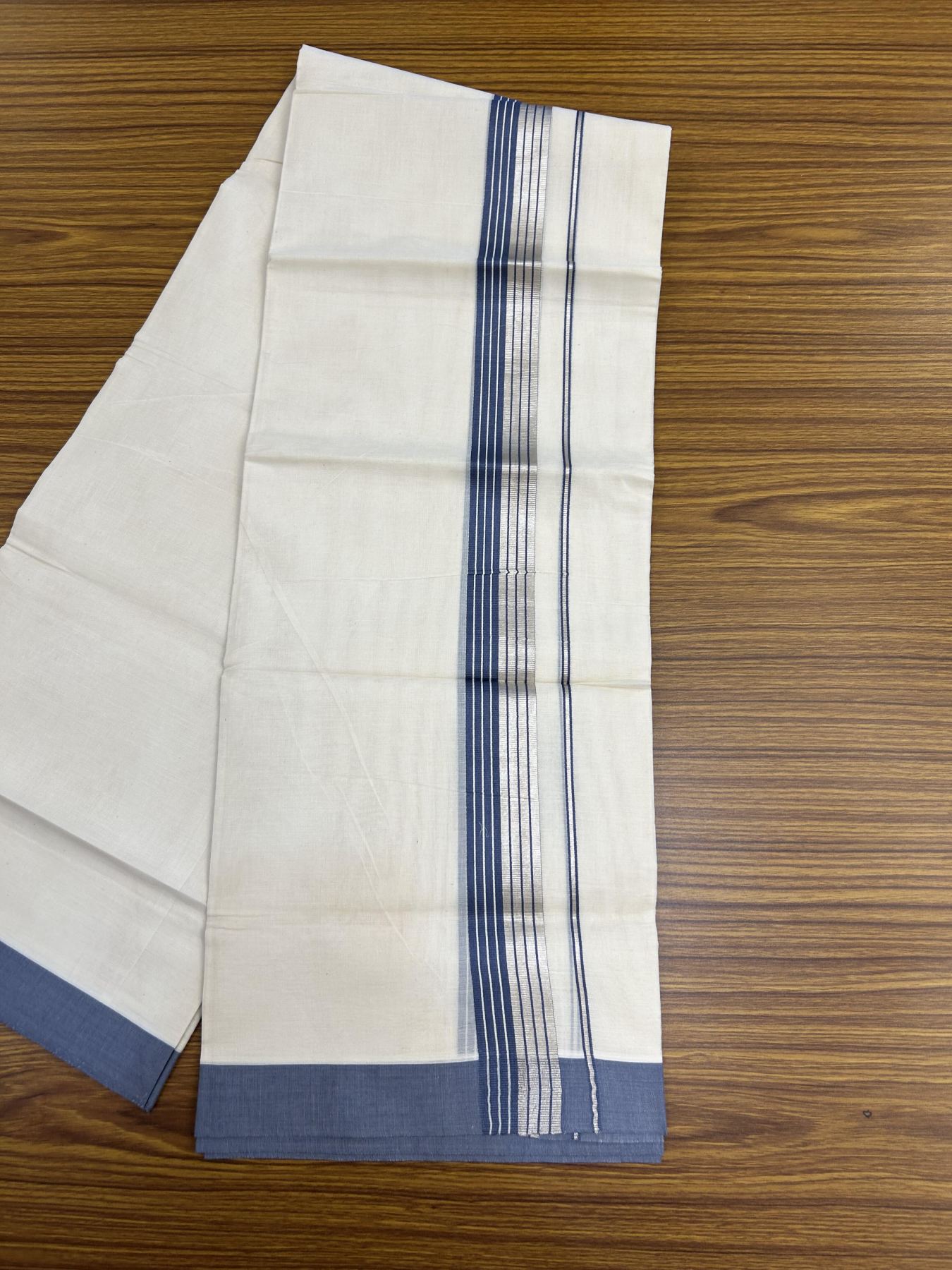 20% Discount! KaithariKada Balaramapuram 100% Cotton Off white Double Mundu/Dhoti - 80s - 1.5 inch Blue Grey & Silver Kasav Striped Kara - 4mtr (8.5muzham) - 1 KK5357 VAS