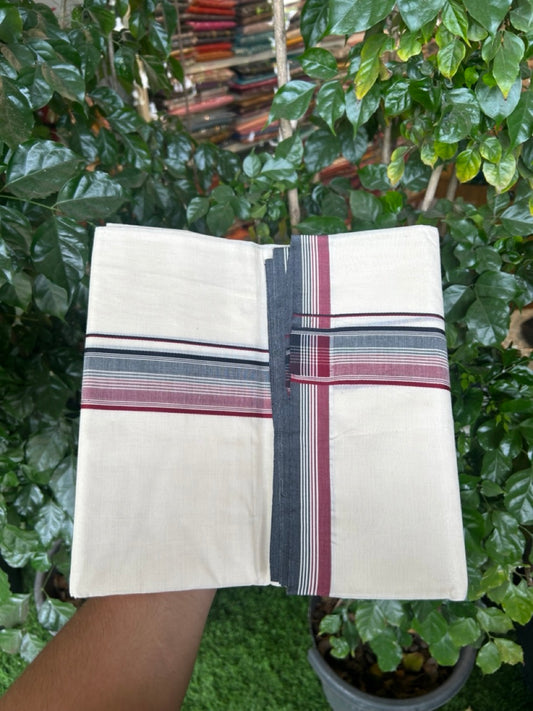 ADMK VESHTI - 20% DISCOUNT! KaithariKada 100% Cotton off white Double - (Unbleached) Mundu/Dhoti - 100X100 - 1.5 inch inch Black Maroon & White Striped kara - 6 KK5290 ASH