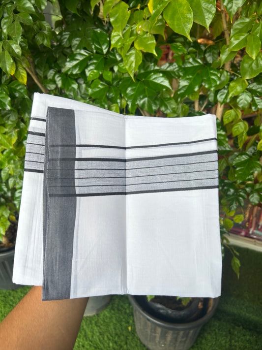 20% DISCOUNT!!! KaithariKada Balaramapuram 100% Cotton DOUBLE PURE WHITE Mundu/Dhoti - 100X80 - 2 Inch Navy Blue Shaded Stripes kara 3.75 mtr (8 muzham) - 10KK5220 THI
