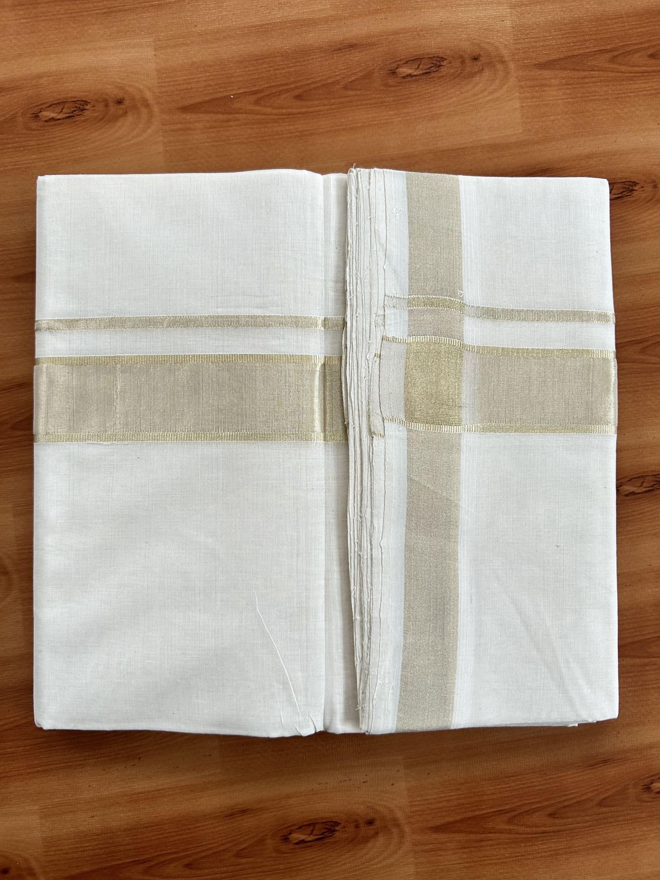 Double Off White (Unbleached) Mundu/Dhoti - 25% Discount!!! KaithariKada Handloom Unakkupaav Kerala Handloom - Pure Cotton 80x90 - 1.5 Inch Light Gold Kasavu kara 4 Mtr (8.5 Muzham) - 8 KK5438 YAR