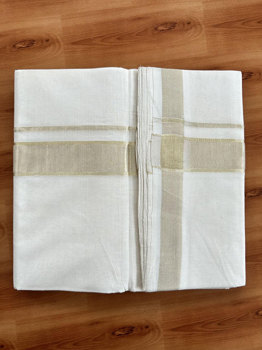 Double Off White (Unbleached) Mundu/Dhoti - 25% Discount!!! KaithariKada Handloom Unakkupaav Kerala Handloom - Pure Cotton 80x90 - 1.5 Inch Light Gold Kasavu kara 4 Mtr (8.5 Muzham) - 8 KK5438 YAR
