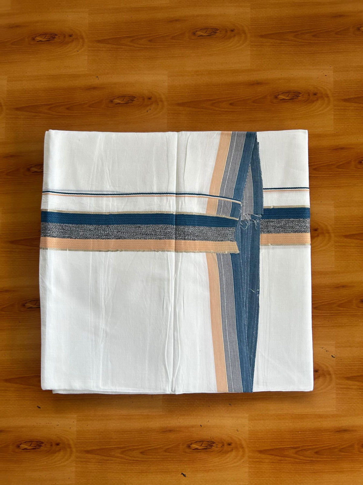 Pure white Double Mundu/Dhoti - 20% Discount !! KaithariKada Pulimood 100% Cotton - 100x80 - 1.5 inch Dark Blue, Black & Apricot Orange Silver Kasav Shaded Kara 3.85 mtr (8 muzham) - 6 KK5552 VIN