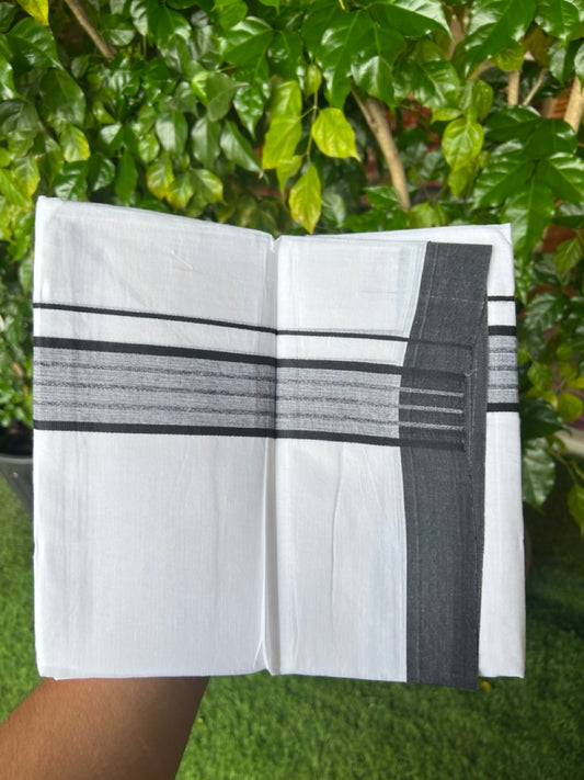 20% DISCOUNT!!! KaithariKada Balaramapuram 100% Cotton DOUBLE PURE WHITE Mundu/Dhoti - 100X80 - 1.75 Inch Black Shaded Stripes kara 3.75 mtr (8 muzham) - 9KK5220 THI